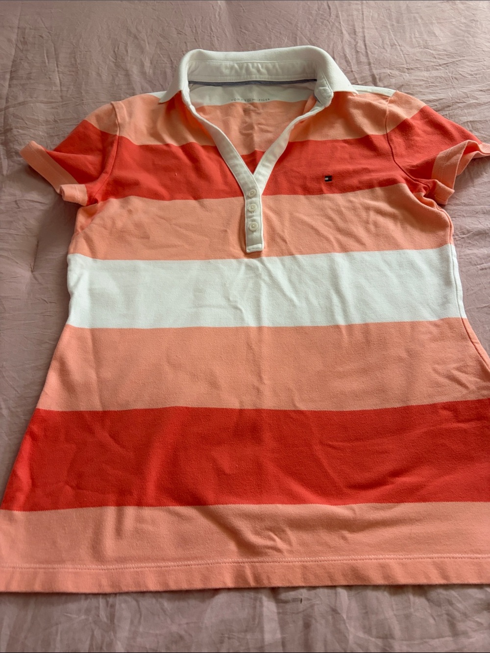 Tommy Hilfiger Striped Polo in Coral, Peach & White